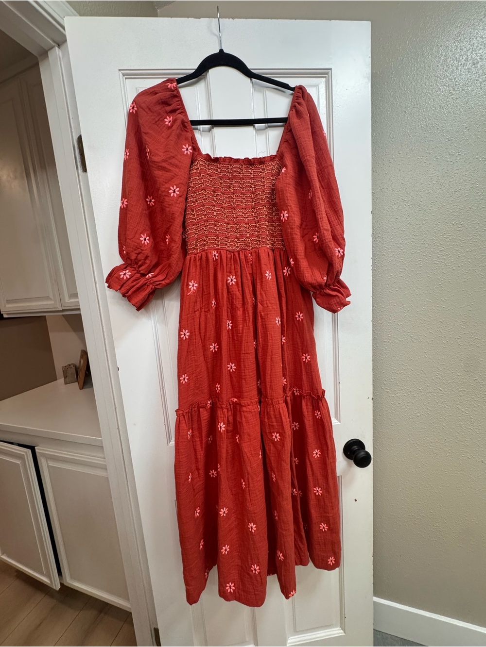 Rust Red Floral Embroidered Smocked Maxi Dress Size L